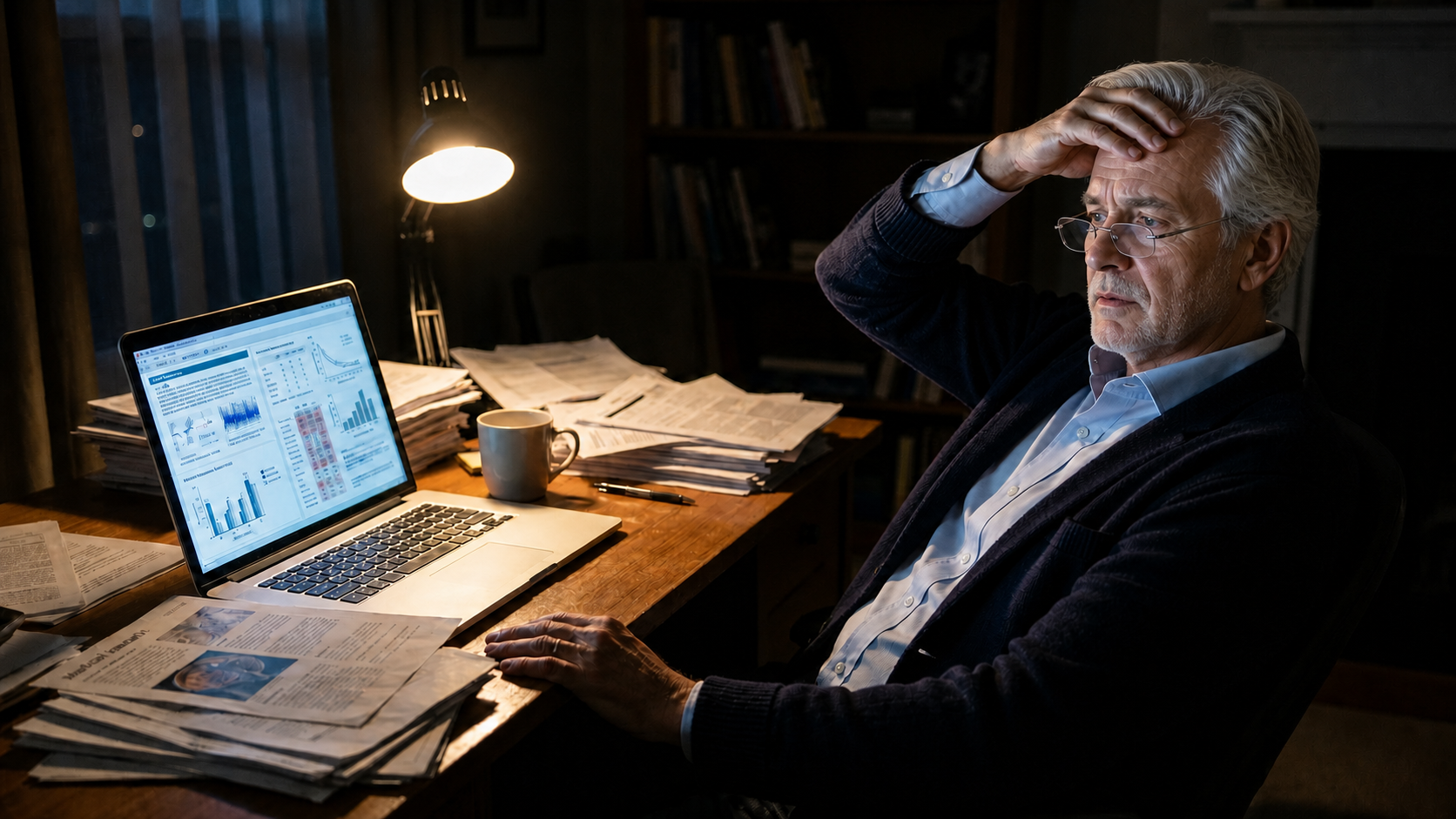 Doctor researching late at night